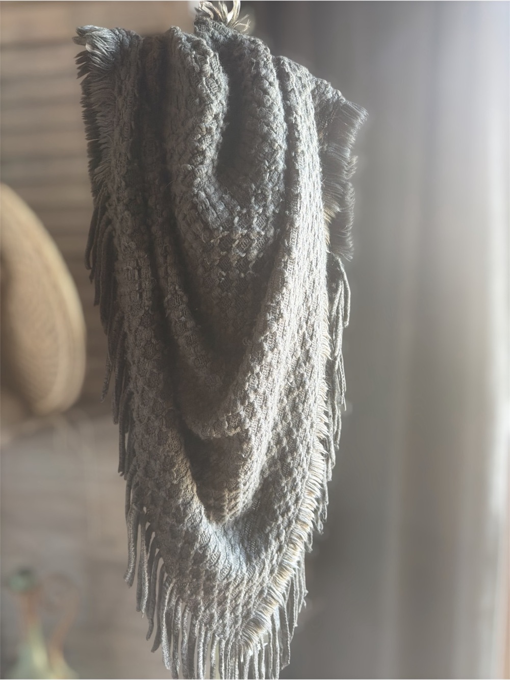 Cozy Gray Knit Fringe Shawl Scarf